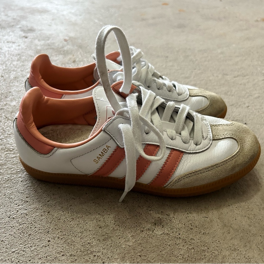 adidas Samba White and Coral Athletic Shoes
